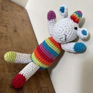 Pebble Rainbow Striped Handmade Crochet 8" Unicorn Plush Rattle Baby Toy